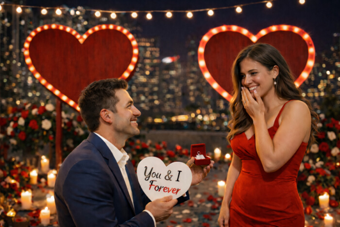 Man proposing to woman in romantic setting with roses, candles, and glowing hearts in the background.