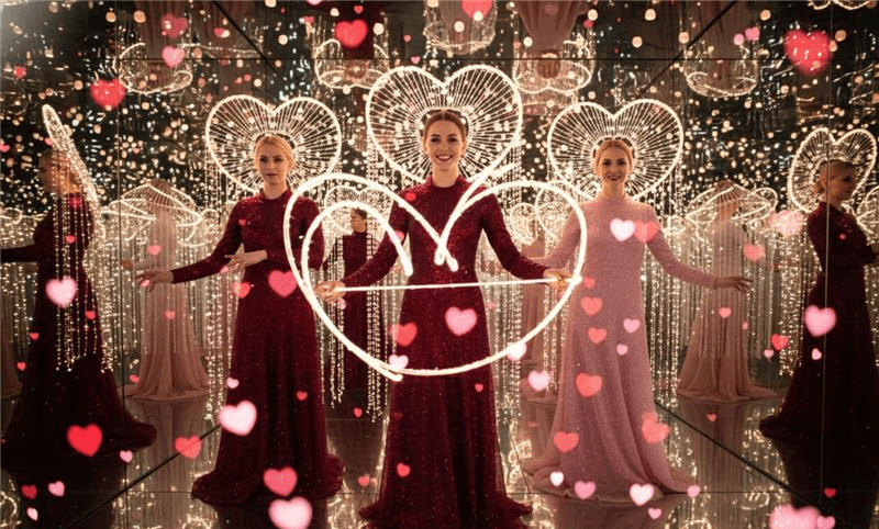Three women in elegant dresses surrounded by heart-shaped lights and reflections, creating a romantic and festive ambiance.