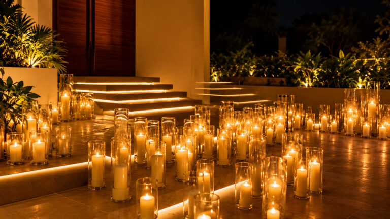 Glowing candles in glass holders illuminate elegant outdoor steps at night, creating a serene and romantic atmosphere.